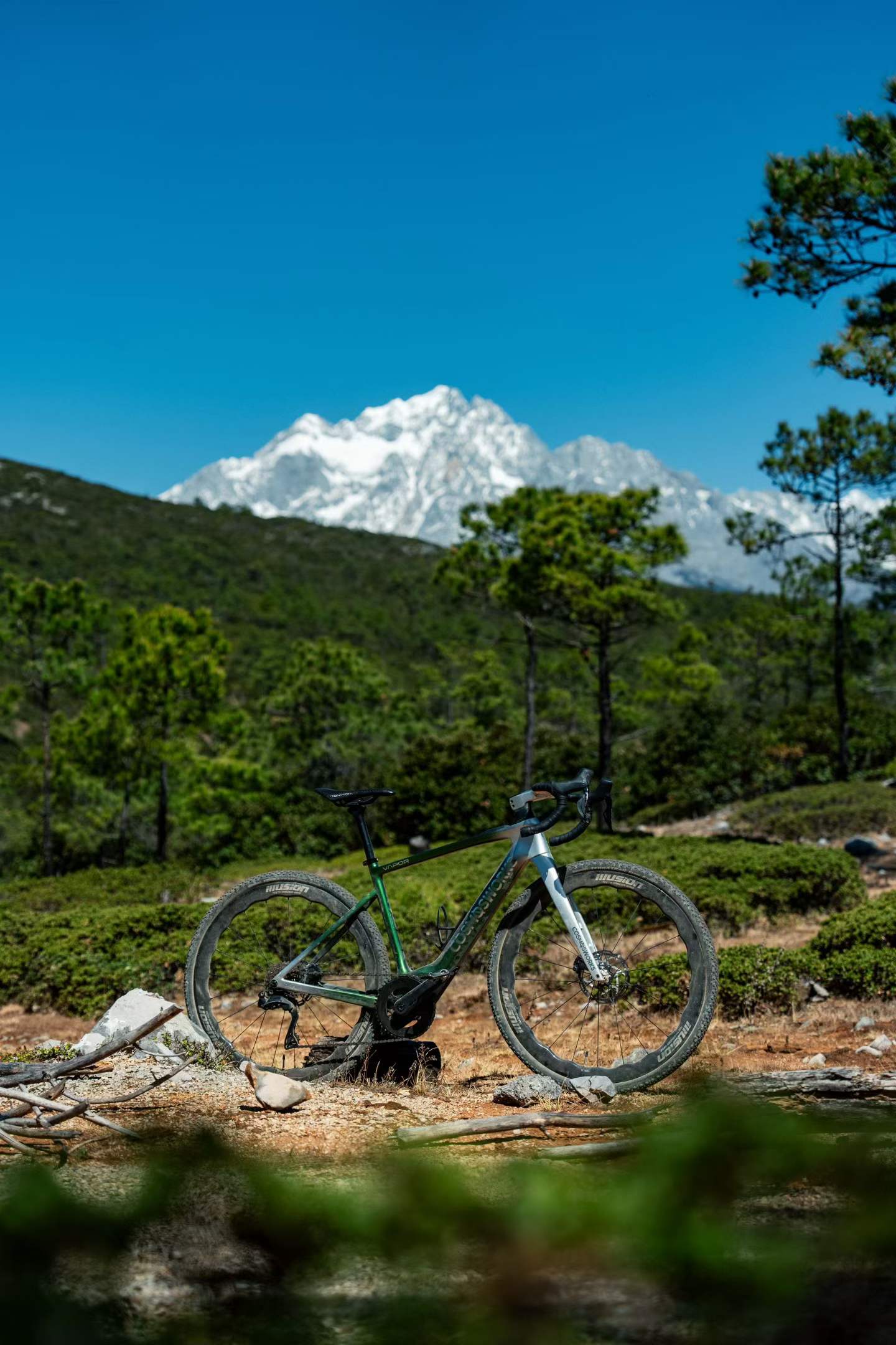 Cosmos VAPOR gravel bike below a snow mountain